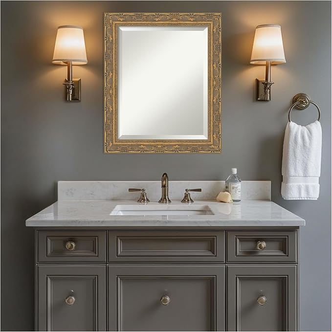 Amanti Art Gold Bathroom Mirror for Over Sink, 24x20 Filigree Gold Rectangle Vanity Mirror, Small Traditional Frame, Hangs Horizonally and Vertically, Bathroom Wall Decor, Beveled Edge