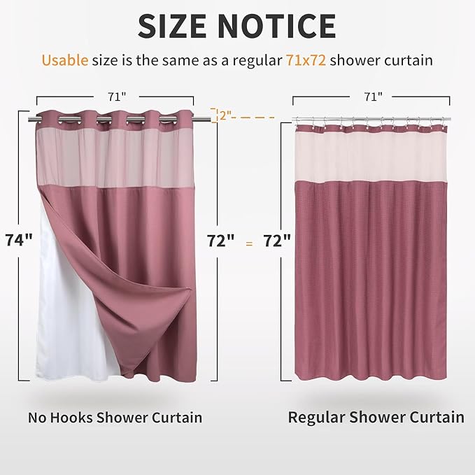 River Dream Waffle No Hook Shower Curtain with Liner,Pale Mauve,71x74 | Dotted Waffle,Snap-in Liner,Heavy Duty,Quick Dry,Mesh Top Window,With Bottom Magnets,Hotel-Grade,Washable,Standard Size