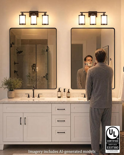 3-Light Oil Rubbed Bronze Bathroom Light Fixtures Over Mirror with Frosted Milk Glass and Metal Cage Shade, 21" UL-Listed Modern Farmhouse Wall Sconce for Bath, Hardwire E26, OS-3014ORBW-3W