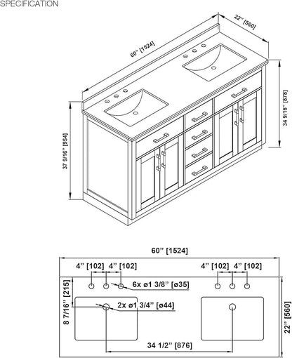 OVE Decors Bailey 60 in. Double Sink Freestanding Driftwood Oak Bathroom Vanity with White Quartz Top, Matching Backsplash and Power Bar