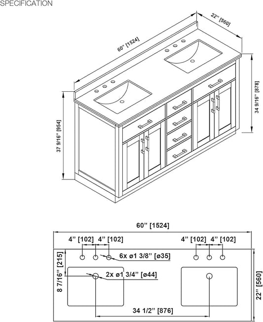OVE Decors Bailey 60 in. Double Sink Freestanding Driftwood Oak Bathroom Vanity with White Quartz Top, Matching Backsplash and Power Bar