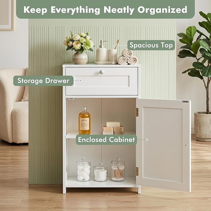 GIANTEX Floor Bathroom Storage Cabinet with Door and Drawer (White) | Freestanding Cabinet with Adjustable Shelf, Anti-tipping Device, Storage Organizer for Bathroom, Living Room, Bedroom