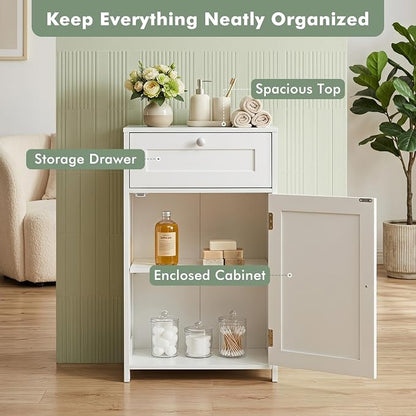 GIANTEX Floor Bathroom Storage Cabinet with Door and Drawer (White) | Freestanding Cabinet with Adjustable Shelf, Anti-tipping Device, Storage Organizer for Bathroom, Living Room, Bedroom