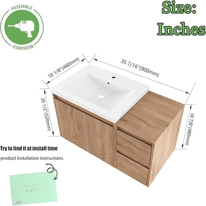 36" Bathroom Vanity Set, 36 Inch Modern Floating Vanity with 2 Doors and 2 Drawers, Single Resin Sink Wall Mount Cabinet Set, Modern Bathroom Cabinet with Sink, Soft-Closed Door and Drawer