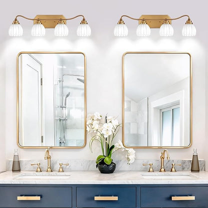 4 Light Gold Vintage Vanity Lights, Antique Brass Finish | Milk White Tulip Crystal Shades,Brushed Gold Bathroom Light Fixtures, Wall Sconce Ideal for Bedroom,Hallway,Easy to Install