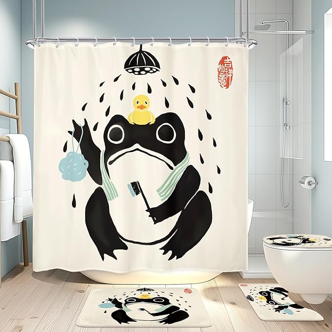LGhtyro 4PCS Funny Frog 71Wx71H Inches Asian Traditional Japanese Art Animal Shower Curtain Sets with Rugs, Toilet Lid Cover and Bath Mat, Cute Bath Accessories Art Home Decor Fabric 12 Pack Hooks