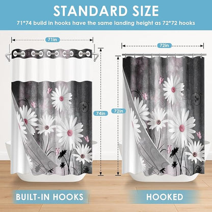 No Hook Shower Curtain with Snap in Liner 71x74 Inch Daisy Grey | Farmhouse Pink Butterfly Modern Double Layers Waterproof Fabric with See Through Top Window Open Grommet Bath Curtain