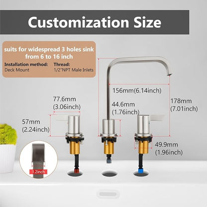 Brushed Nickel Bathroom Faucet 3 Hole 8 Inch Widespread Waterfall | 2-Handle Vanity Faucet, Pop-Up Drain, Supply Lines, Adjustable 4- to 16-Inch Widespread Fit, 360° Swivel Spout