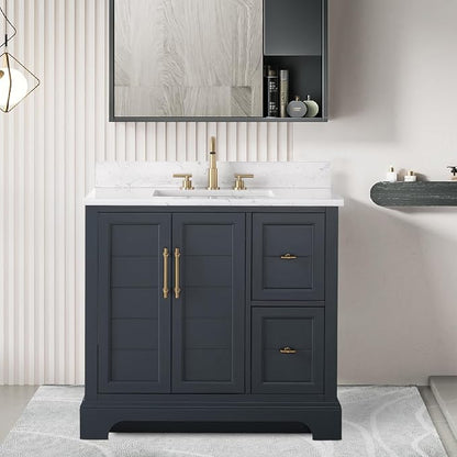 Vanity Art 36 Inch Bathroom Vanity with Single Sink, Vintage Spruce Blue | Solid Wood, Ceramic Sink, Marble Top, Waterproof Backsplash, Pre-assembled, Soft-close Doors, Ample Storage, Freestanding