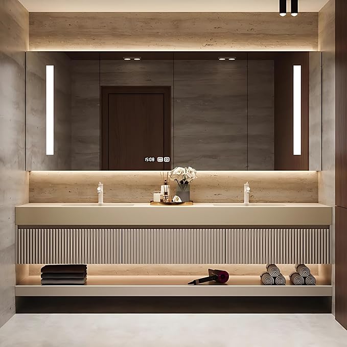 52in Modern Floating Bathroom Vanity with Double Sinks, Intelligent Defogging and Led Light, Wood Bathroom Vanities, Wall-Mounted Storage Cabinet
