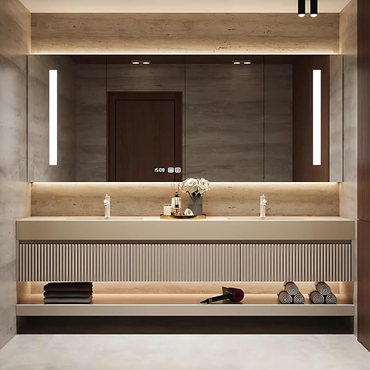 96in Modern Floating Bathroom Vanity with Double Sinks, Intelligent Defogging and Led Light, Wood Bathroom Vanities, Wall-Mounted Storage Cabinet