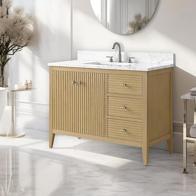 Vanity Art 42 inch Bathroom Vanity with Single Sink & Ceramic Top, Vanity Cabinet with Soft-Closing Door, Solid Wood Frame, Linear Pattern, Natural Oak, Golden Brushed Handware VA9142-NO-GB