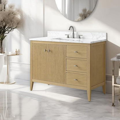 Vanity Art 42 inch Bathroom Vanity with Single Sink & Ceramic Top, Vanity Cabinet with Soft-Closing Door, Solid Wood Frame, Linear Pattern, Natural Oak, Golden Brushed Handware VA9142-NO-GB