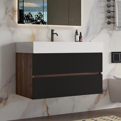 36 Inch Bathroom Vanity with Sink, Floating Bathroom Cabinet with 2 Soft-Closing Drawers, Large Storage for Small Bathroom, Apartment, Hotel, Walnut+Black, White Sink