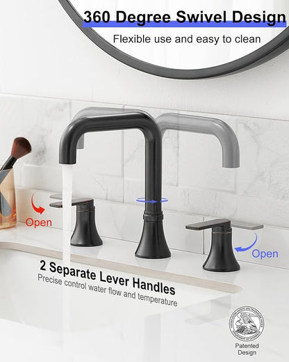 8 Inch Widespread Bathroom Faucet 3 Hole, Bronze Faucet for Bathroom Sink 360 Degree Swivel, 2 Handles Bathroom Faucets with Pop-Up Drain & Water Supply Hose for Modern, Classic, Lead-Free