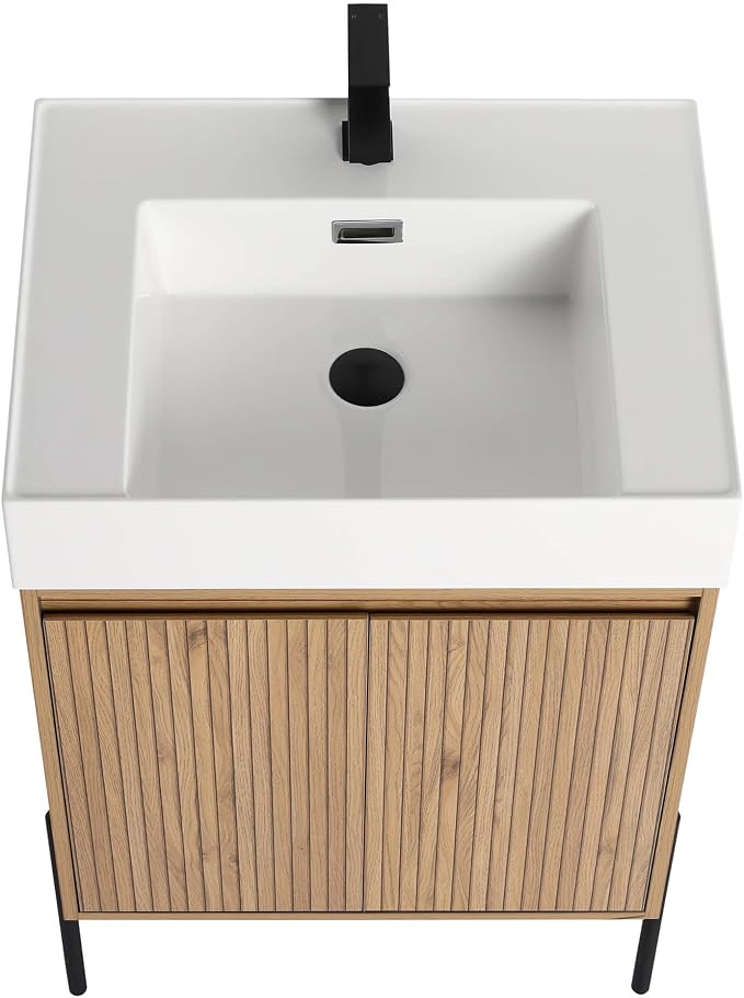 Crownpoint 24 Inch Bathroom Vanity with Sink, White Sink, Bright Oak Finish, Full Assembly Required, Elegant Bathroom Vanities for Modern Homes