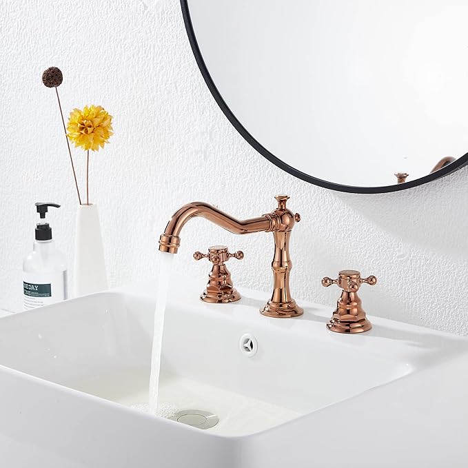 GGStudy 8-16 inch Two Handles 3 Holes Widespread Bathroom Sink Faucet Copper Basin Mixer Tap Faucet Matching Metal Pop Up Drain with Overflow
