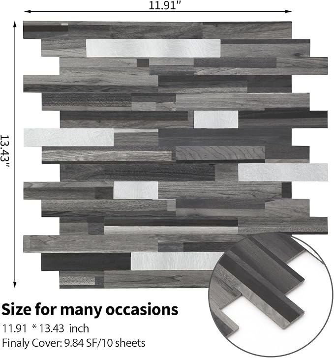 Yipscazo 10 Sheets Peel and Stick Stone Metal Tile Backsplash, Stick on Tiles for Backsplash Kitchen, Bathroom, Laundry Room, Camper, Fireplace (12'' X 12'', Black Wood Grain)