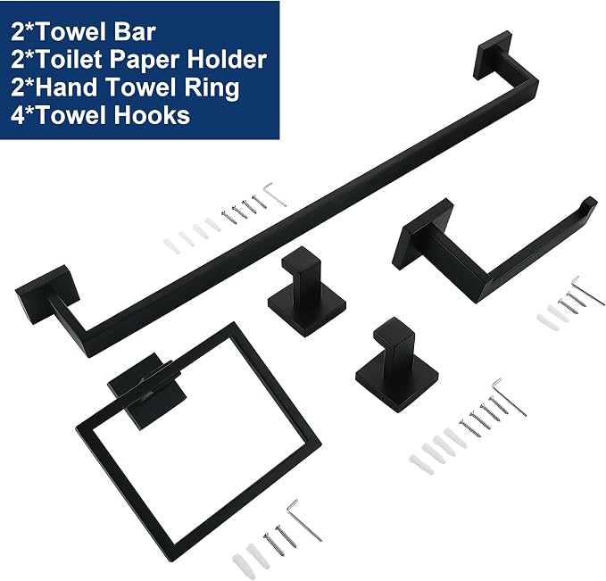 10 Pieces Bathroom Hardware Accessories Set Black, 24Inch Bathroom Towel Rack Set SUS304 Stainless Steel, Square Bath Towel bar Set Heavy Duty, Wall Mounted