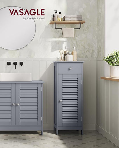 VASAGLE Storage Cabinet, Small Slim Floor Cabinet with Drawer and Shutter Door, for Living Room, Bathroom, 11.8 x 12.6 x 34.3 Inches, Dove Gray UBBC043G02