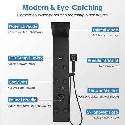 ROVOGO Shower Panel Tower System with Rainfall Waterfall Shower Head, 6 Body Jets, Handheld and Temp Display, Stainless Shower Column with Mixer Valve, All Black