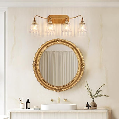 Bathroom Vanity Gold Light Fixture, 4 Lights Bathroom Lighting Matte Antique Brass Finish with Crystal Glass Shade, Gold Vintage Vanity Light for Bathrooms