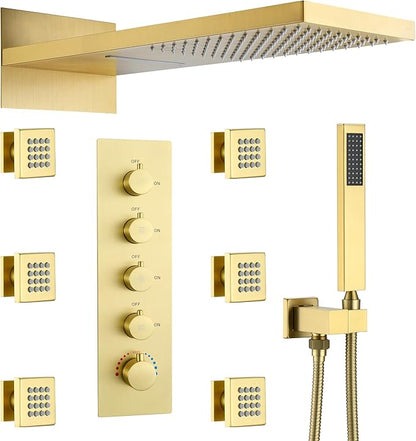 Luxury Thermostatic Rain & Waterfall Shower System with 22” Rain Shower Head & 6 Body Jets, JetsBath Wall Mounted Shower Faucet Sets with Handheld Sprayer, 3/4” Inlet Thermostatic Valve