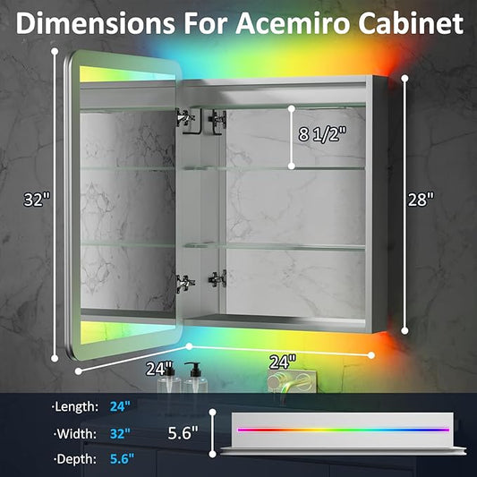 24×32 Inch LED Lighted Medicine Cabinet, Bathroom Medicine Cabinet with Mirror and Lights, RGB Multicolor Backlit, Adjustable Front Lighted, Defogger, Dimming, Memory Function, Wall Mounted
