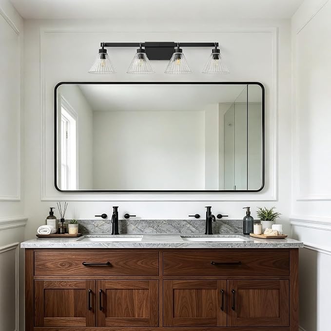 AIJIASI 4-Light Bathroom Light Fixtures 34 Inch Matte Black Vanity Lights for Bathroom with Ribbed Glass Shade Modern Bath Vanity Lighting Fixtures Wall Sconce