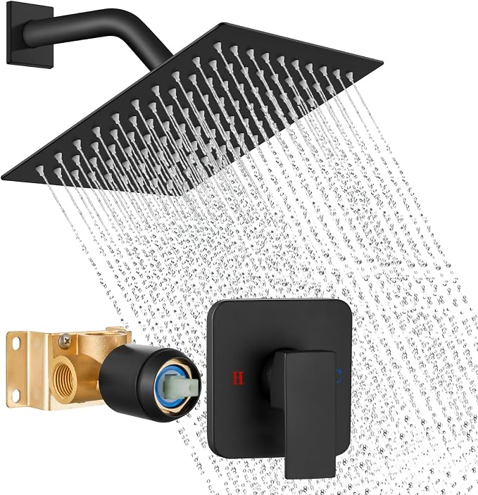 Matte Black Shower Faucet Set, 8 Inch Rain Shower System with Valve | Complete Rain Shower Set with Valve, Single Handle Wall Mount Design