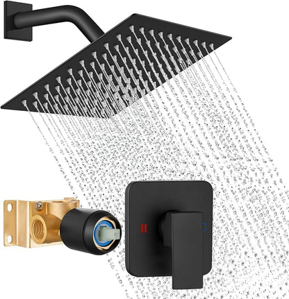 Matte Black Shower Faucet Set, 8 Inch Rain Shower System with Valve | Complete Rain Shower Set with Valve, Single Handle Wall Mount Design