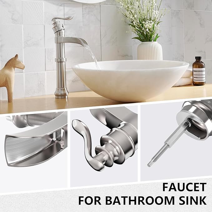 Brushed Nickel Vessel Sink Faucet Brass Tall Waterfall Bathroom Faucet | Single Handle Bathroom Sink Faucets with Pop Up Drain Without Overflow and Supply Hoses Mixer Tap Deck Mount by BATHLAVISH