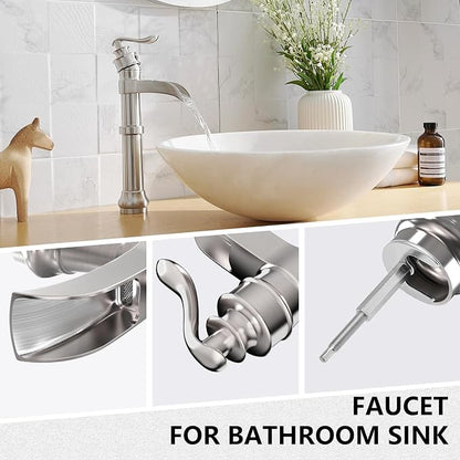 Brushed Nickel Vessel Sink Faucet Brass Tall Waterfall Bathroom Faucet | Single Handle Bathroom Sink Faucets with Pop Up Drain Without Overflow and Supply Hoses Mixer Tap Deck Mount by BATHLAVISH