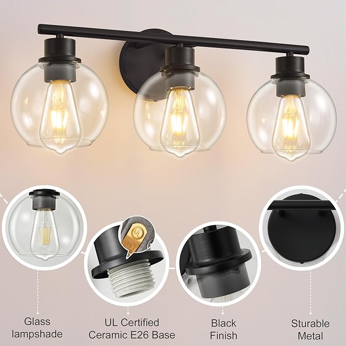 Bathroom Light Fixtures Over Mirror 3-Lights Bathroom Vanity Light with Clear Globe Glass Shade 22 inch Modern Black Vanity Lights Wall Sconce Lighting for Bath