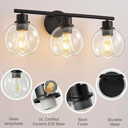Bathroom Light Fixtures Over Mirror 3-Lights Bathroom Vanity Light with Clear Globe Glass Shade 22 inch Modern Black Vanity Lights Wall Sconce Lighting for Bath