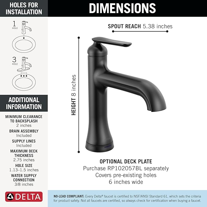 Delta Bonacci Touchless Bathroom Faucet 1-Hole with Touch On Technology, Matte Black Single Hole Bathroom Sink Faucet, Metal Push-Pop Drain, Matte Black 545T-BL-DST