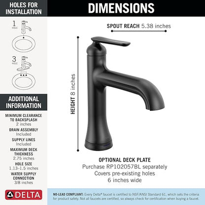 Delta Bonacci Touchless Bathroom Faucet 1-Hole with Touch On Technology, Matte Black Single Hole Bathroom Sink Faucet, Metal Push-Pop Drain, Matte Black 545T-BL-DST
