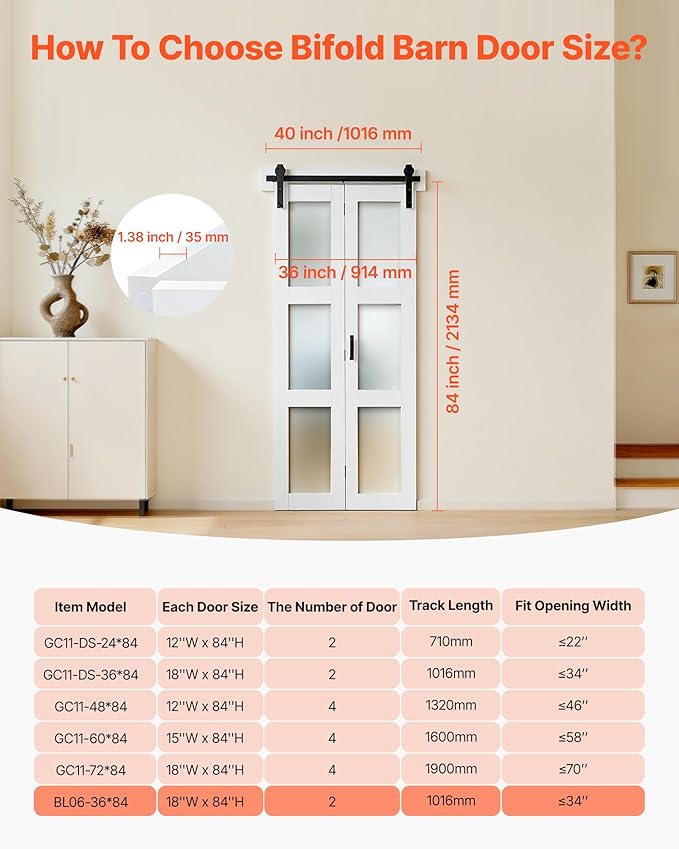 VEVOR Bifold Barn Door, 36" x 84", Frosted Glass Barn Door with Header Board and Hardware Kit Included, Space-Saving Design, Pre-Assembled Panels, Waterproof & Quiet, White