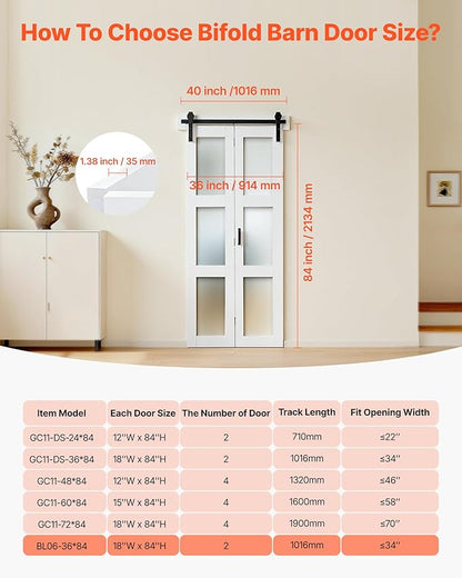 VEVOR Bifold Barn Door, 36" x 84", Frosted Glass Barn Door with Header Board and Hardware Kit Included, Space-Saving Design, Pre-Assembled Panels, Waterproof & Quiet, White