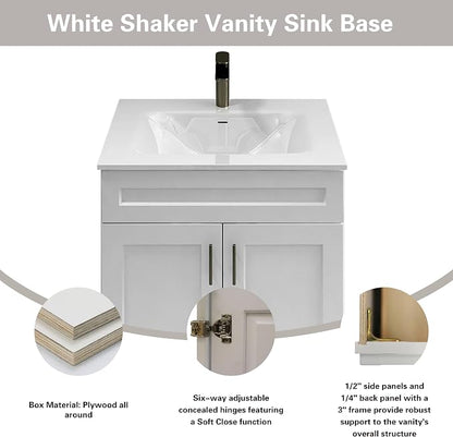 36" White Shaker Bathroom Vanity Base – Ready-to-Assemble Sink Cabinet, Freestanding Bathroom Vanity Base Only, No Top or Sink
