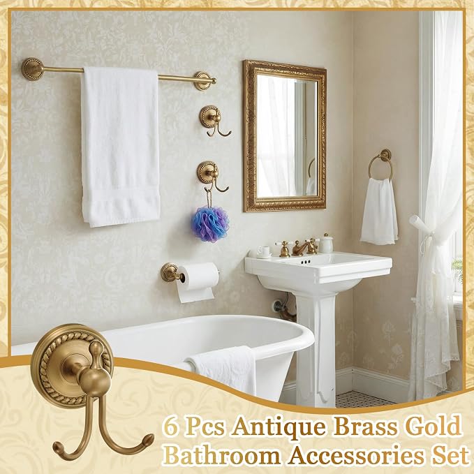 6 Pcs Antique Brass Gold Bathroom Accessories Set 15.7"-26.7" Solid Brass Towel Bar, Towel Ring, Toilet Paper Holder, Robe Hook, Wall Mounted Vintage Bath Hardware Fixture Set