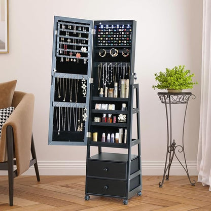 Jewelry Armoire Cabinet Organizer Standing with 20 LED Lights Lockable | Full Length Mirror with Storage Shelves and 2 Drawers (Black) Adjustable Tilt Angles Gift for Her