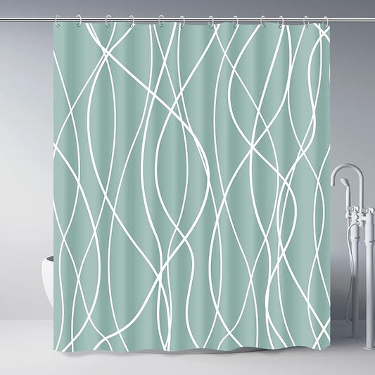 Striped Shower Curtain for Bathroom, Light Green, 72" W x 72" L | with Hooks, Modern Hotel Style, Water Repellent, Washable, Weighted Hem