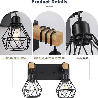 maesta 3 Light Bathroom Vanity Light, Farmhouse Black Fixture Over Mirror | Farmhouse Bathroom Light Fixtures, Wood & Metal, Anti-Rust, Easy to Install for Rustic Bathroom Hallway