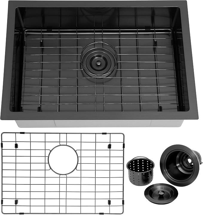 Kitsitchen Black RV Kitchen Sink,16 Guage T304 Stainless Steel Undermount Kitchen Sinks with Strainer & Bottom Gird, 23" x 16" x 7" Single Bowl Drop In Kitchen Sink Used at RV, Outdoor and Bathroom