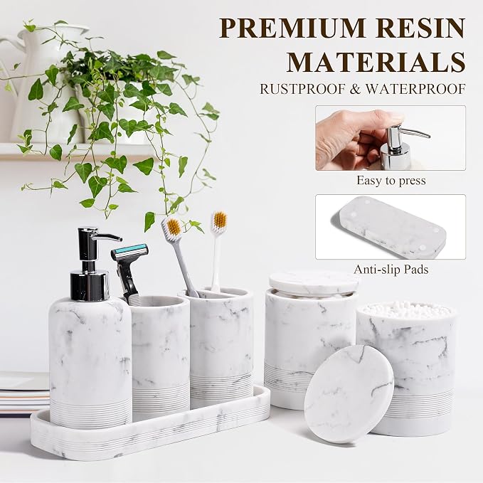 Bathroom Accessories Set, 6-Piece Bathroom Accessory Set, Toothbrush Holders Set, Soap Dispenser, Vanity Tray, Tumbler, Cotton Swab Jars, Bathroom Organizer for Modern Bathrooms (Marble White)