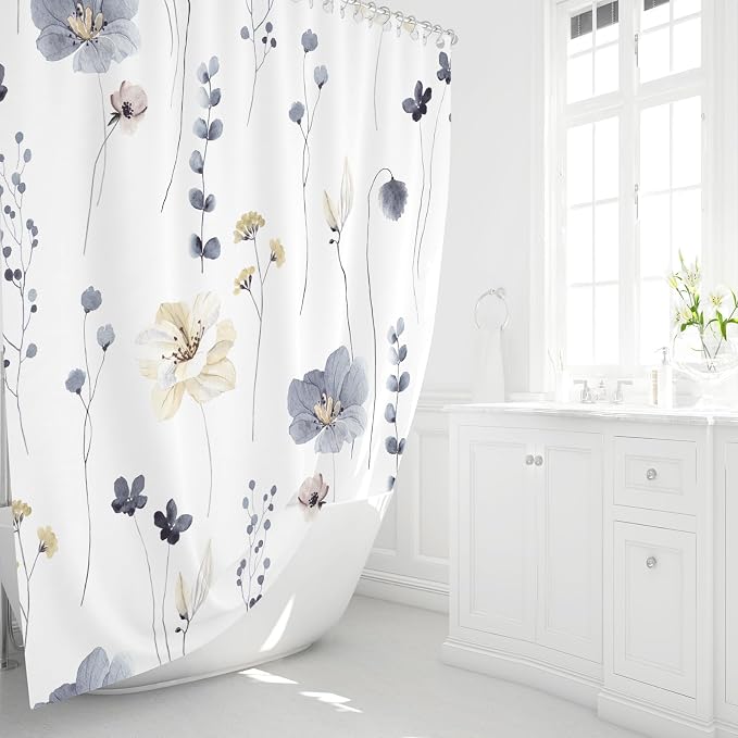 Grey Beige Watercolor Floral Fabric Shower Curtain, 72x72 | Waterproof Fabric, Modern Minimalist Floral Print, Machine Washable, Rustproof Grommets, for Bathroom