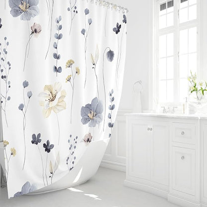 Grey Beige Watercolor Floral Fabric Shower Curtain, 72x72 | Waterproof Fabric, Modern Minimalist Floral Print, Machine Washable, Rustproof Grommets, for Bathroom