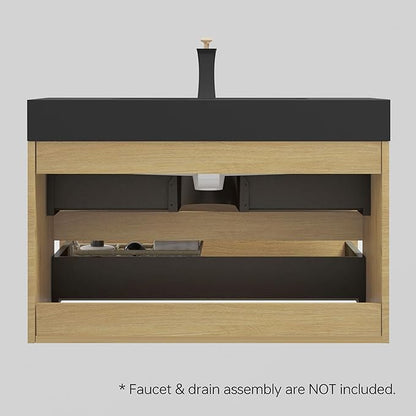 36" Floating Bathroom Vanity with Black Sink, Modern Bathroom Cabinet with Top and Soft Close Drawers, Spacious Storage for Small Space, Natural Oak - Lavanda Collection