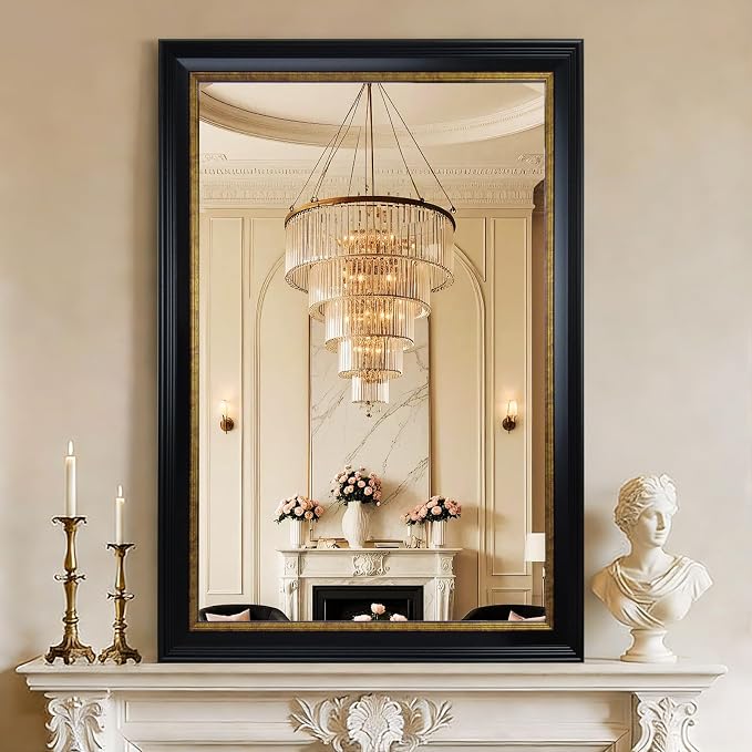 ROLOVE 23x34 Inch Antique Black and Gold Mirror for Wall, Ornate Baroque Decorative Mirror, Rectangle Vintage Wall Mirror for Fireplace & Entryway, Bathroom, Shatterproof Glass, Waterproof Frame
